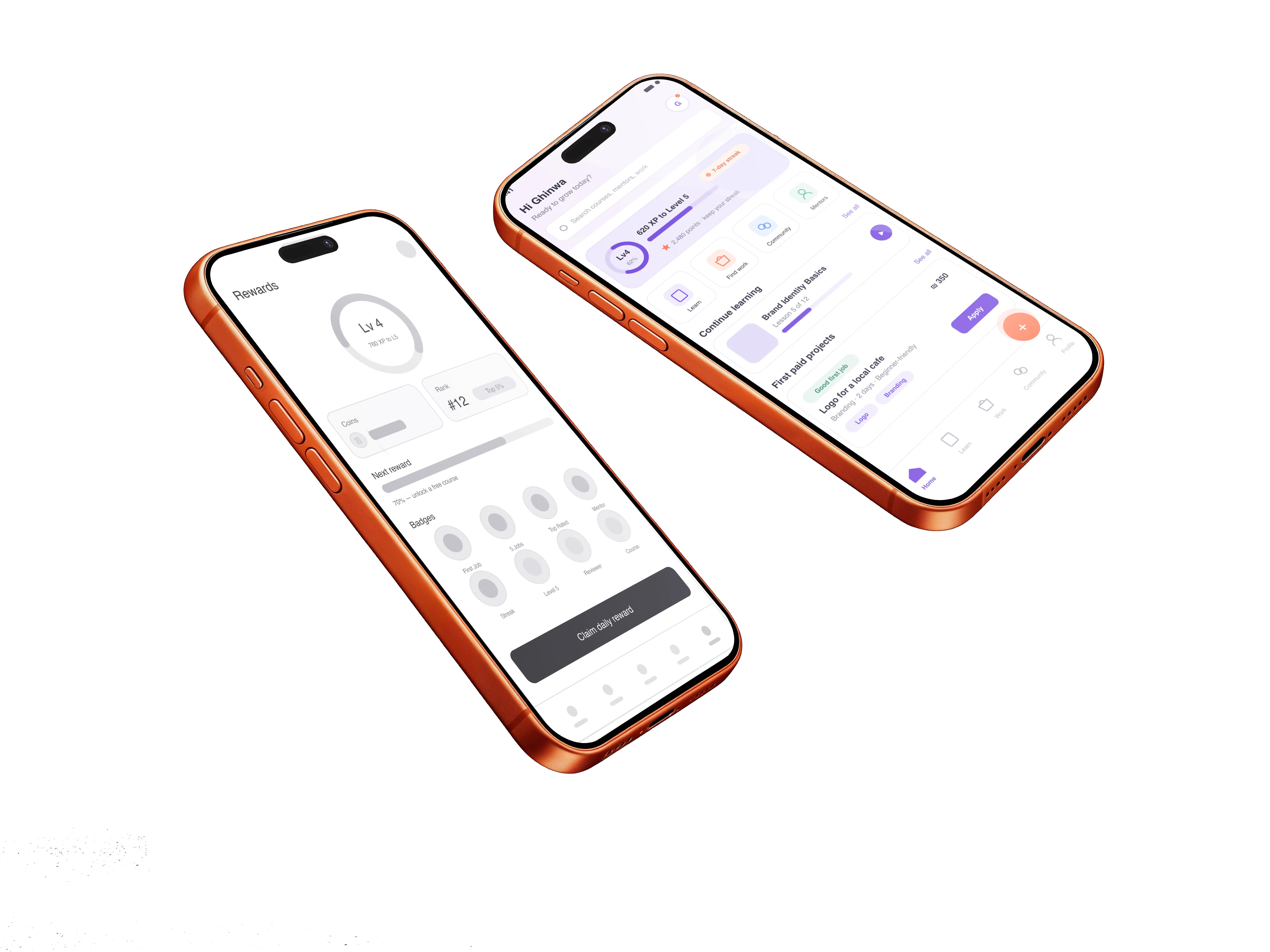 Design Circle mobile app — learning, progress, and first projects on the home screen