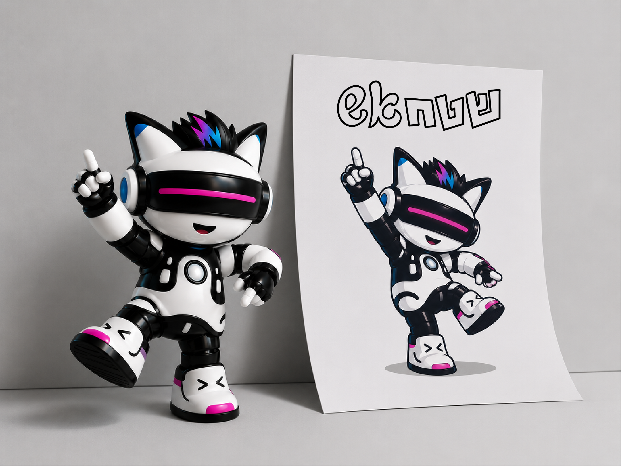 The mascot in 3D beside the 2D artwork